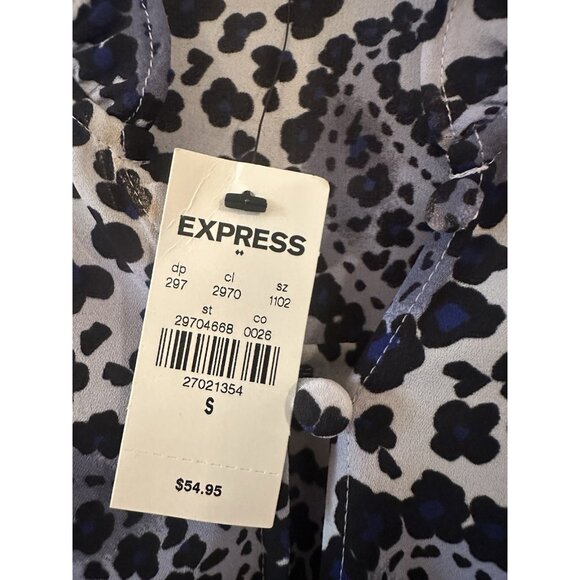 Express Floral Black Blue Womens Top Button Up Shirt Blouse Career NWT Sz SP - Picture 4 of 8